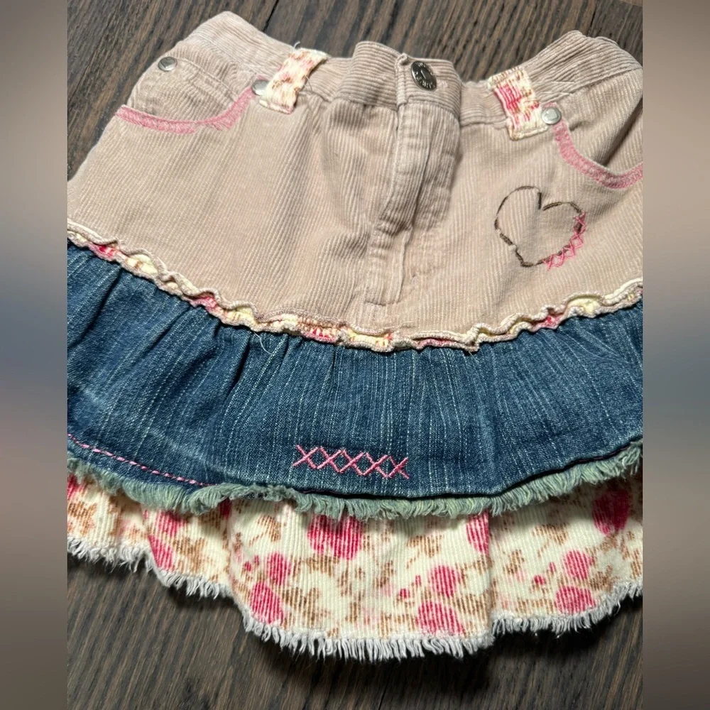 Vintage Girls Denim, Corduroy, and Floral Tiered Skort Size 5